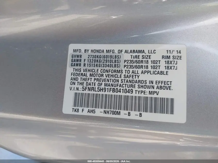 2015 HONDA ODYSSEY TOURING/TOURING ELITE