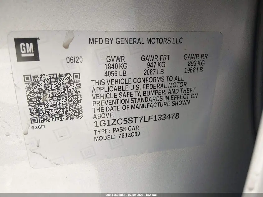 2020 CHEVROLET MALIBU FWD 1FL