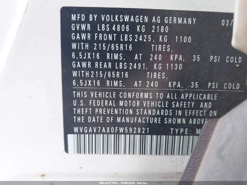 2015 VOLKSWAGEN TIGUAN S