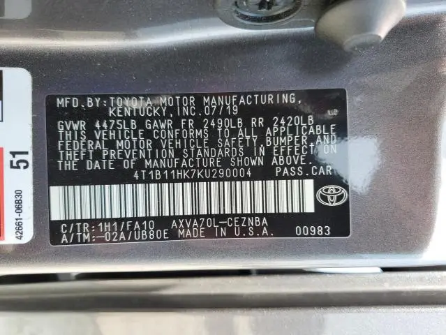 2019 TOYOTA CAMRY L  