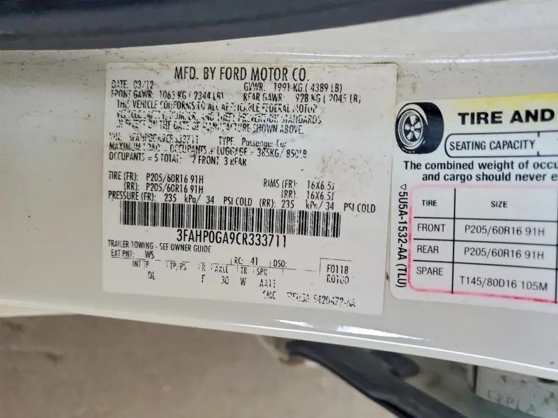 2012 FORD FUSION S  