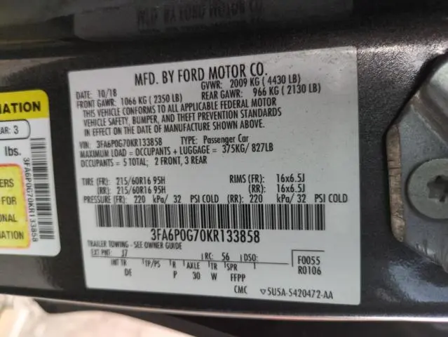 2019 FORD FUSION S  