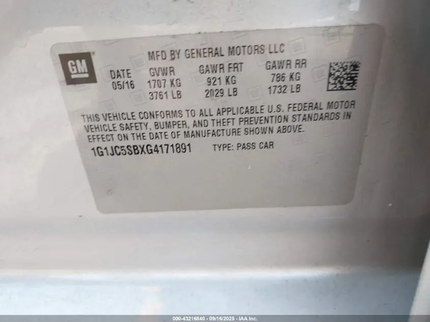 2016 CHEVROLET SONIC LT AUTO