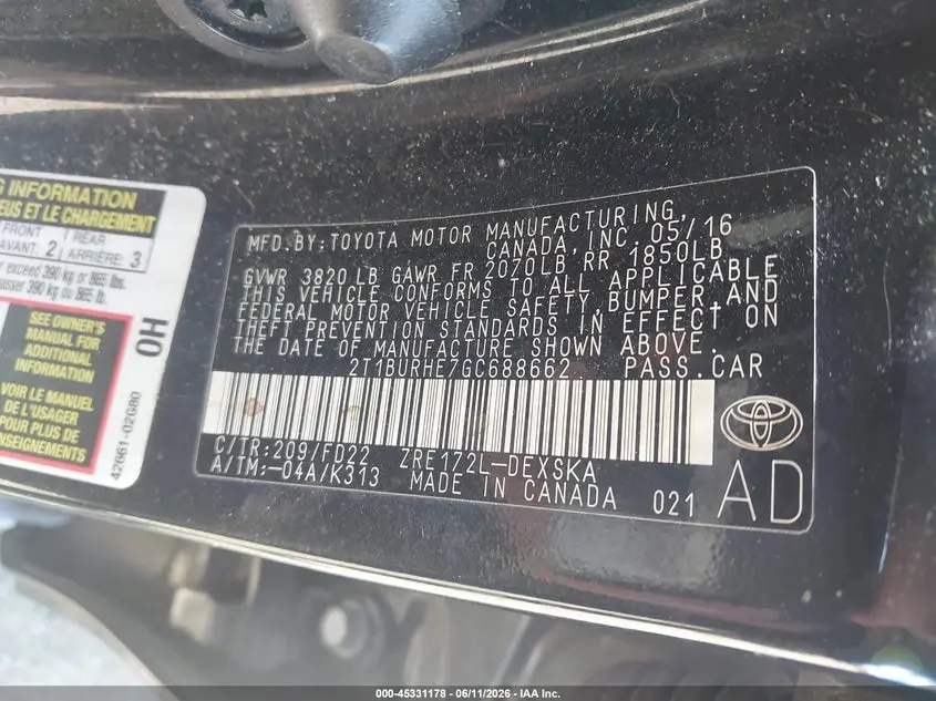 2016 TOYOTA COROLLA S PLUS