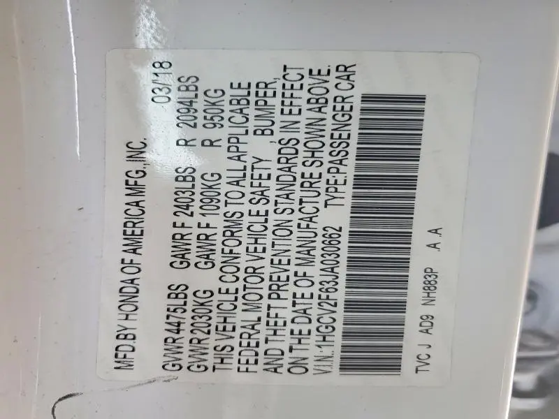 2018 HONDA ACCORD EXL  