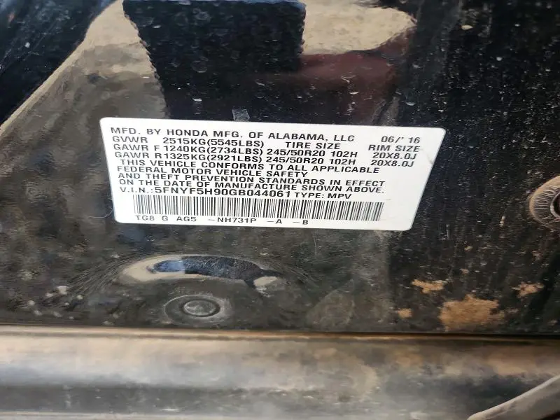 2016 HONDA PILOT TOURING  