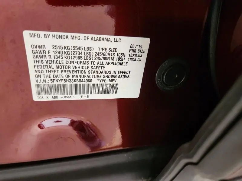 2019 HONDA PILOT EX  