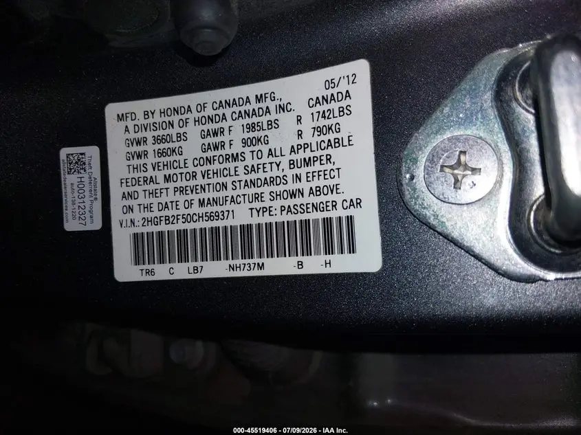 2012 HONDA CIVIC LX