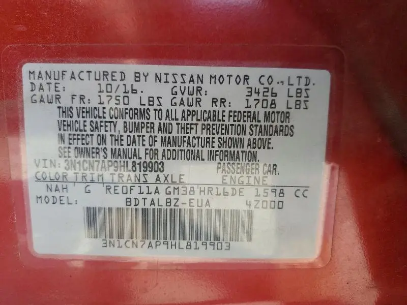 2017 NISSAN VERSA 1.6 S  