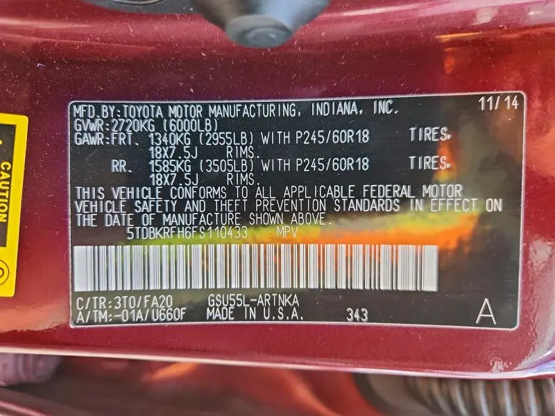 2015 TOYOTA HIGHLANDER LE  