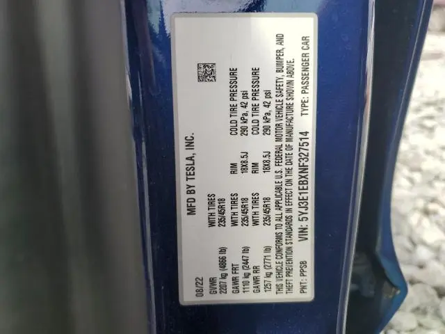 2022 TESLA MODEL 3 