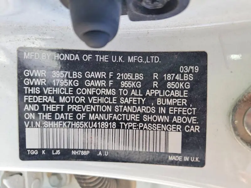 2019 HONDA CIVIC EX  