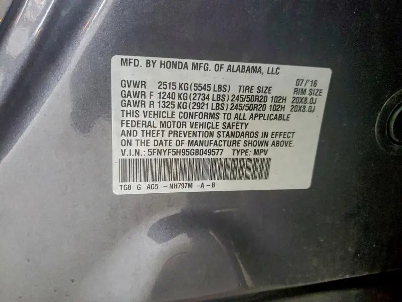 2016 HONDA PILOT TOURING  