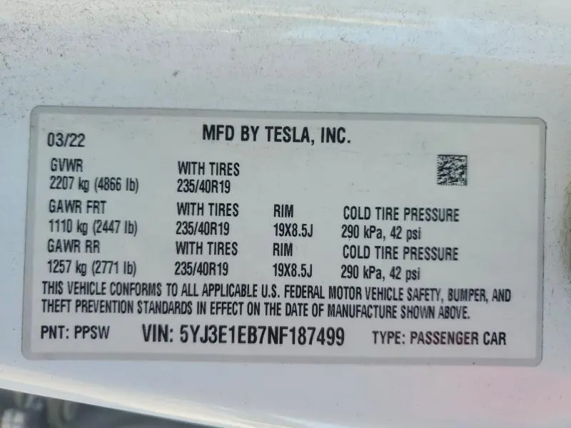 2022 TESLA MODEL 3   