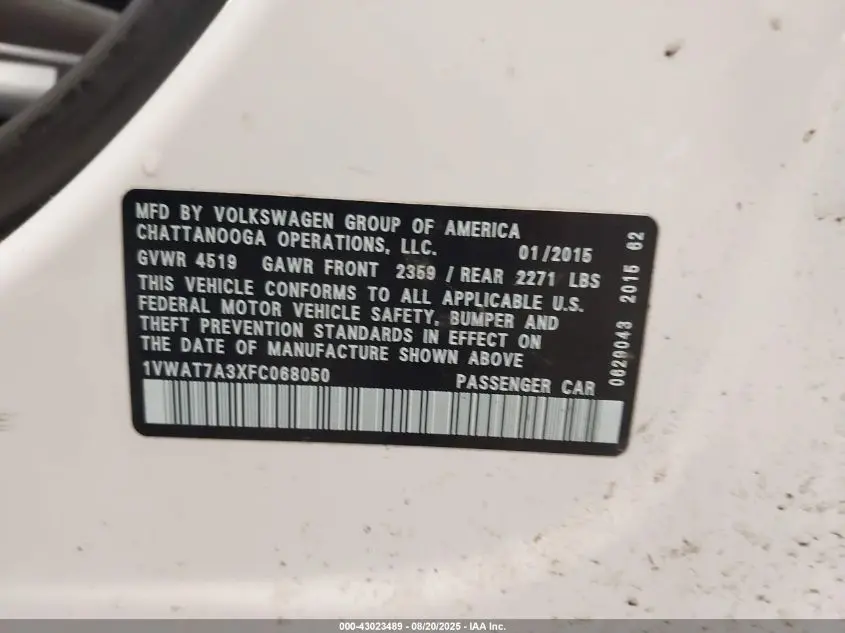 2015 VOLKSWAGEN PASSAT 1.8T S
