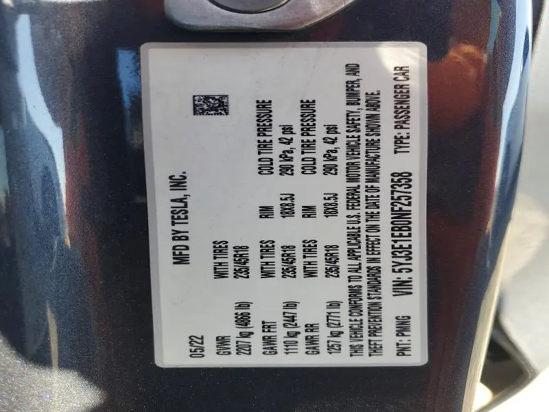 2022 TESLA MODEL 3   