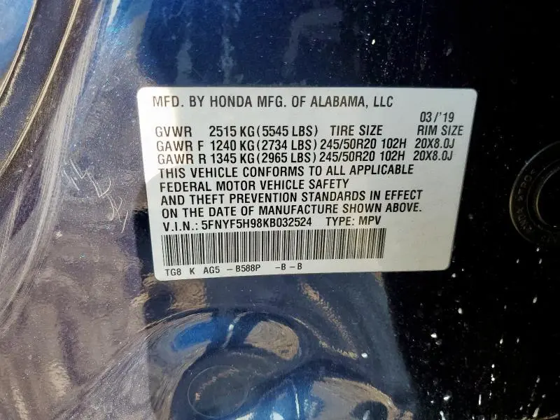 2019 HONDA PILOT TOURING  