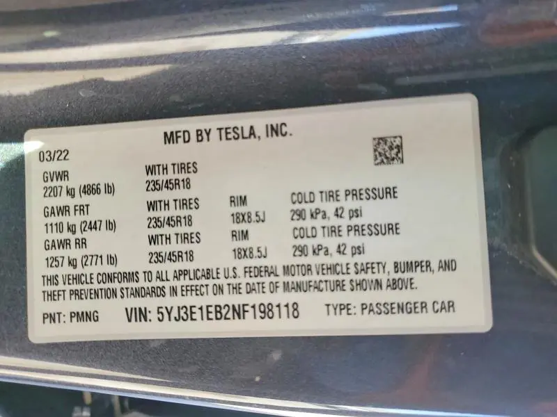 2022 TESLA MODEL 3   