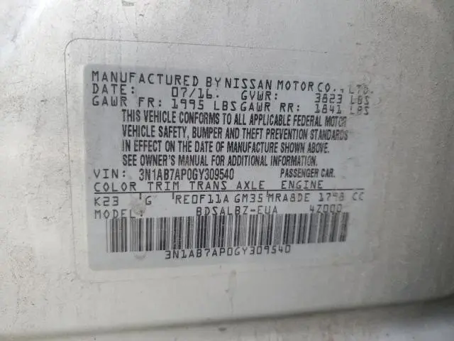 2016 NISSAN SENTRA S  