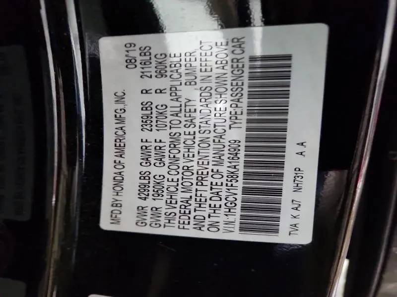 2019 HONDA ACCORD EXL  