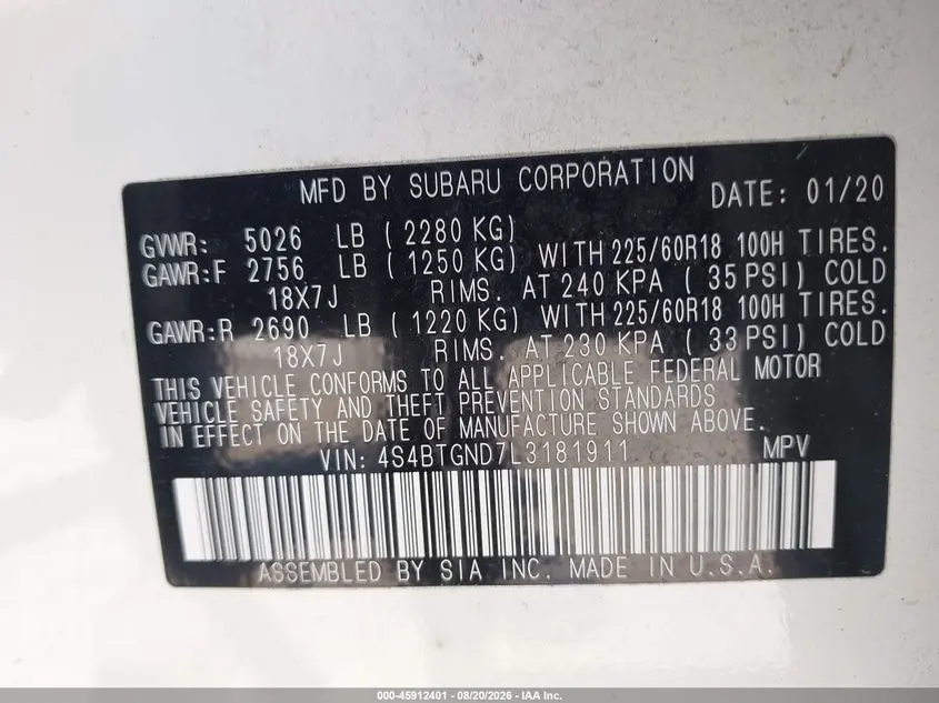 2020 SUBARU OUTBACK LIMITED XT