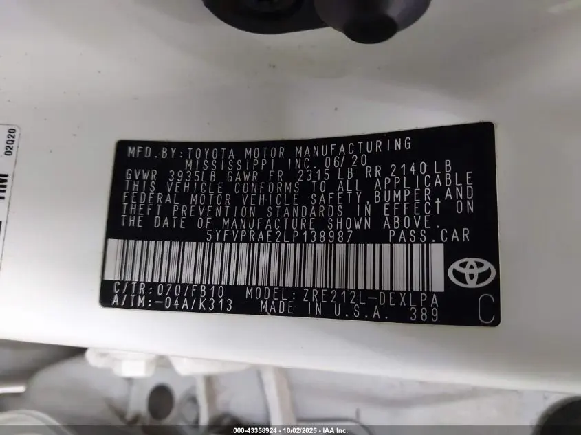 2020 TOYOTA COROLLA LE