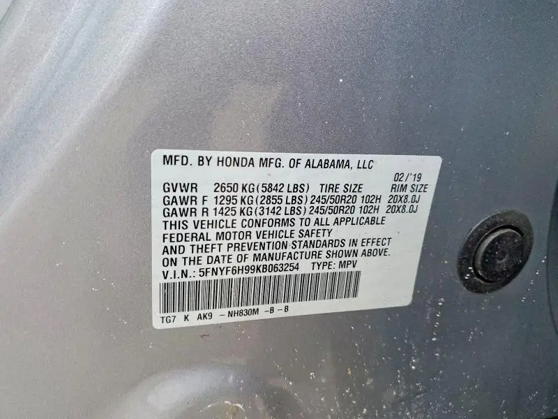 2019 HONDA PILOT TOURING  