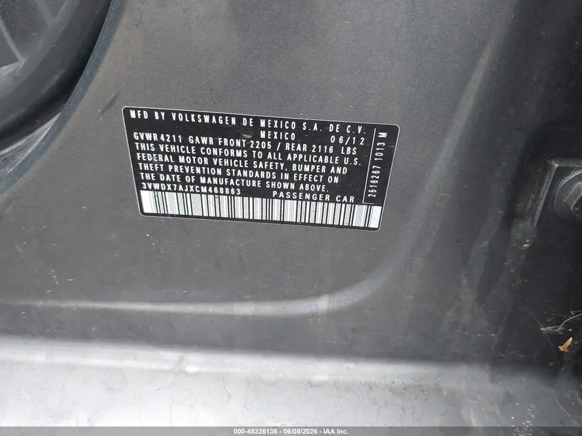 2012 VOLKSWAGEN JETTA 2.5L SE