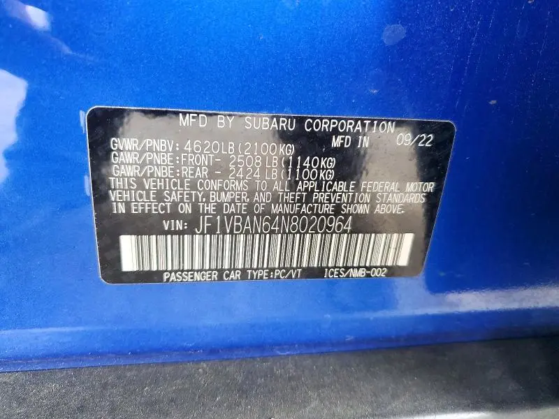 2022 SUBARU WRX LIMITED  