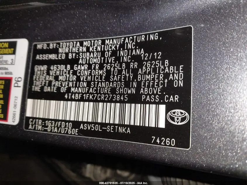 2012 TOYOTA CAMRY LE