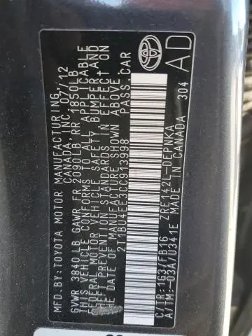 2012 TOYOTA COROLLA BASE  