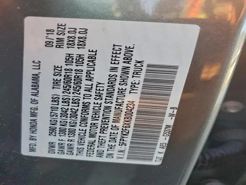 2019 HONDA RIDGELINE RTL  