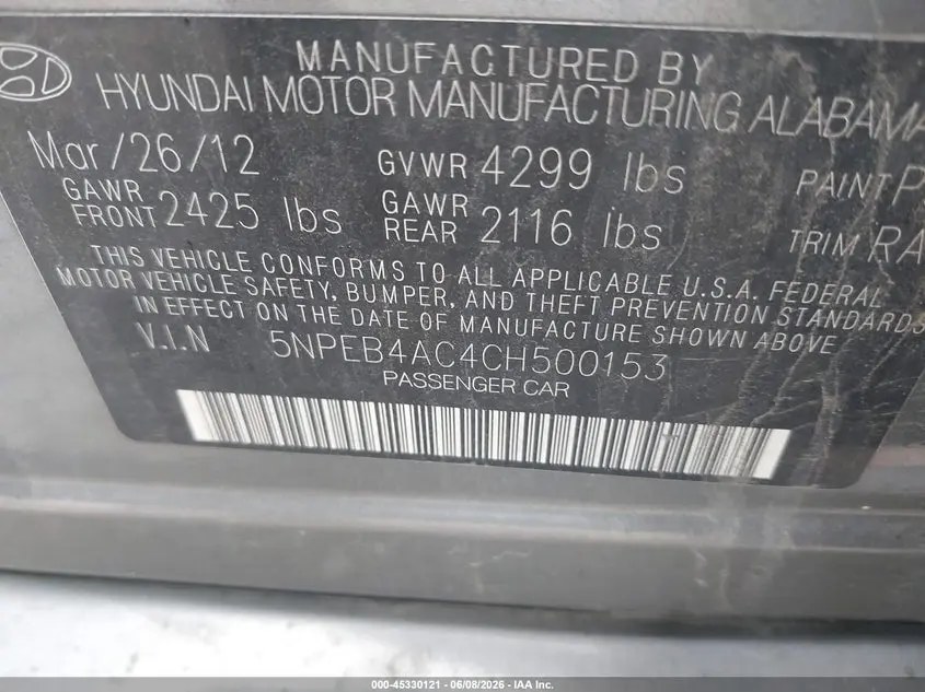 2012 HYUNDAI SONATA GLS