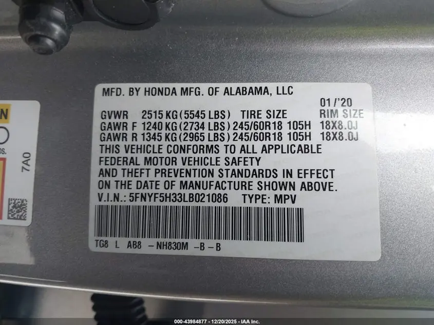 2020 HONDA PILOT 2WD EX