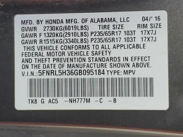 2016 HONDA ODYSSEY SE  