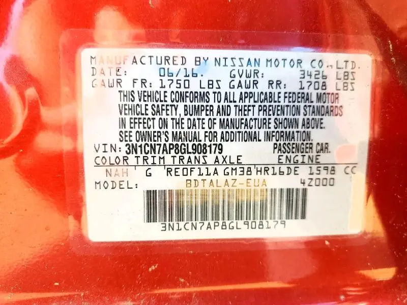 2016 NISSAN VERSA 1.6 S PLUS  