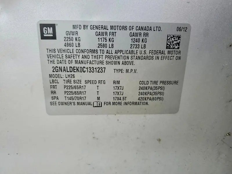 2012 CHEVROLET EQUINOX LT  