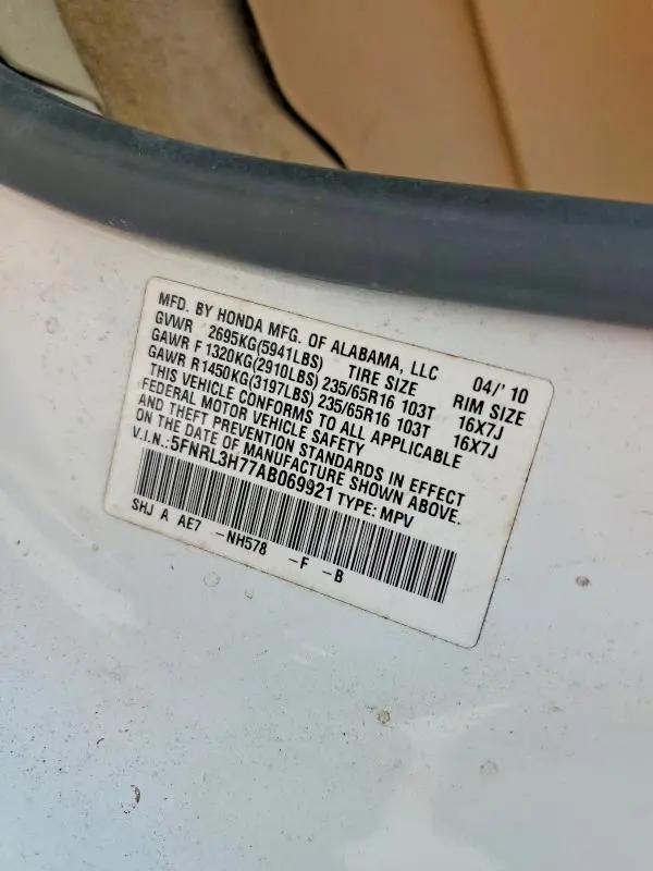 2010 HONDA ODYSSEY EXL  