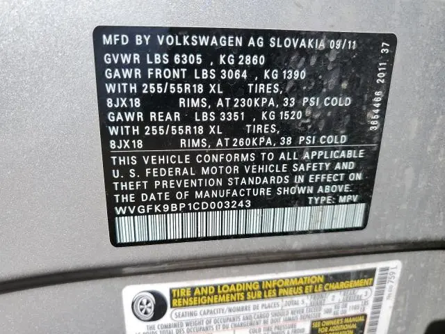2012 VOLKSWAGEN TOUAREG V6 TDI  