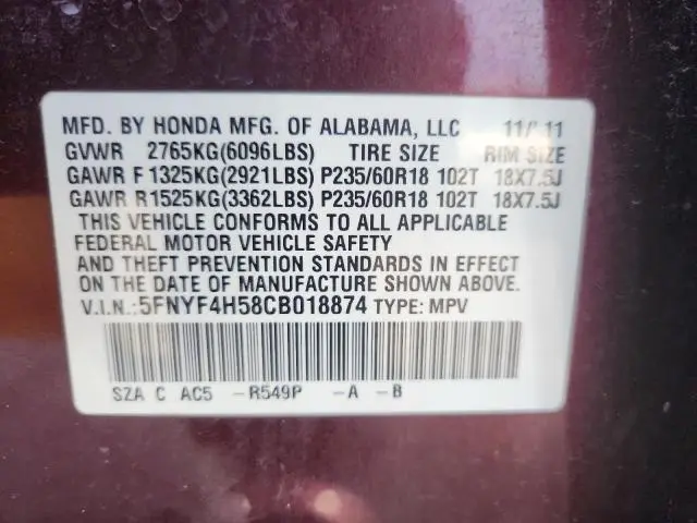 2012 HONDA PILOT EXL  