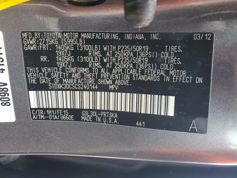 2012 TOYOTA SIENNA SPORT  