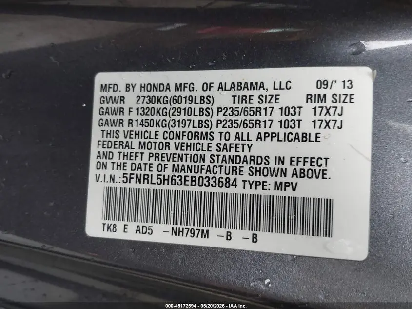 2014 HONDA ODYSSEY EX-L