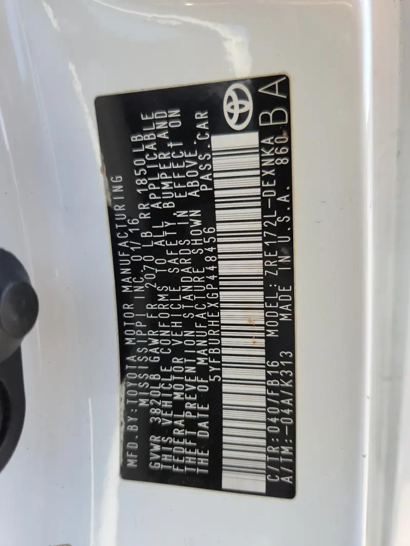 2016 TOYOTA COROLLA L  