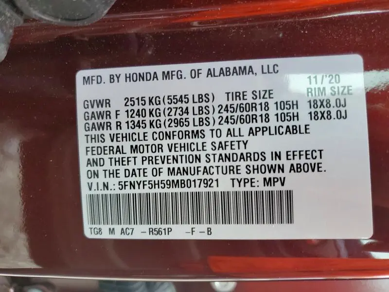2021 HONDA PILOT EXL  