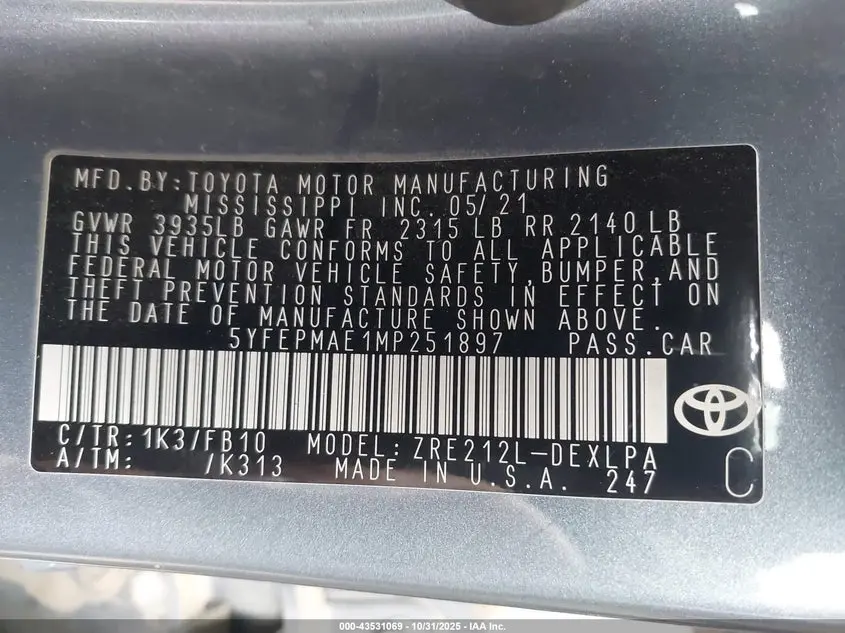 2021 TOYOTA COROLLA LE