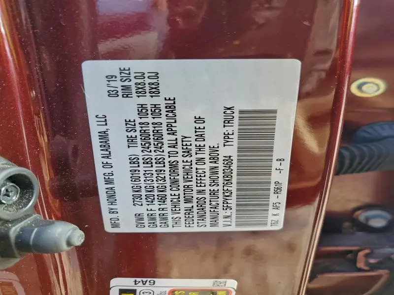 2019 HONDA RIDGELINE RTL  