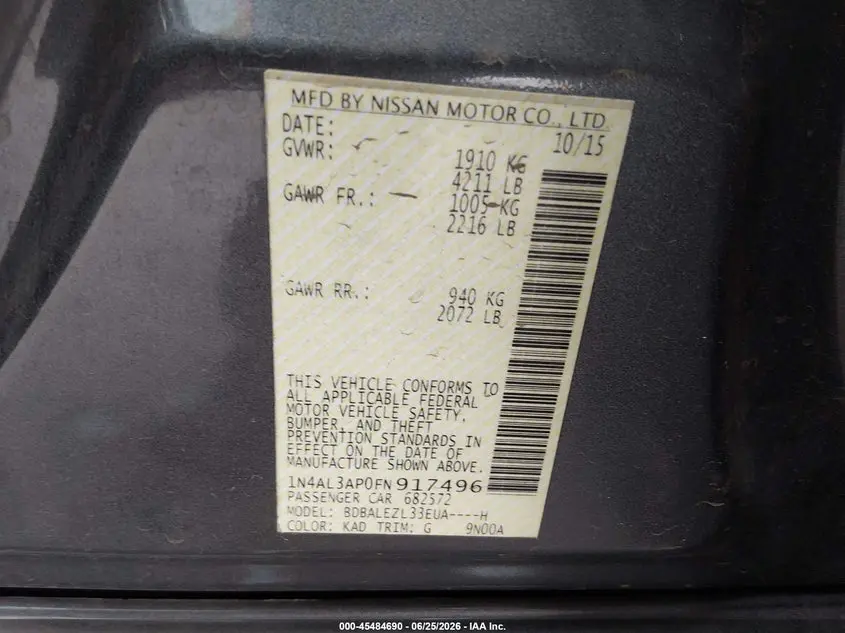2015 NISSAN ALTIMA 2.5 S