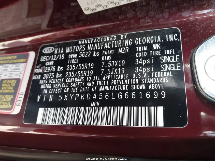 2020 KIA SORENTO 3.3L SX