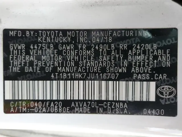 2018 TOYOTA CAMRY L  