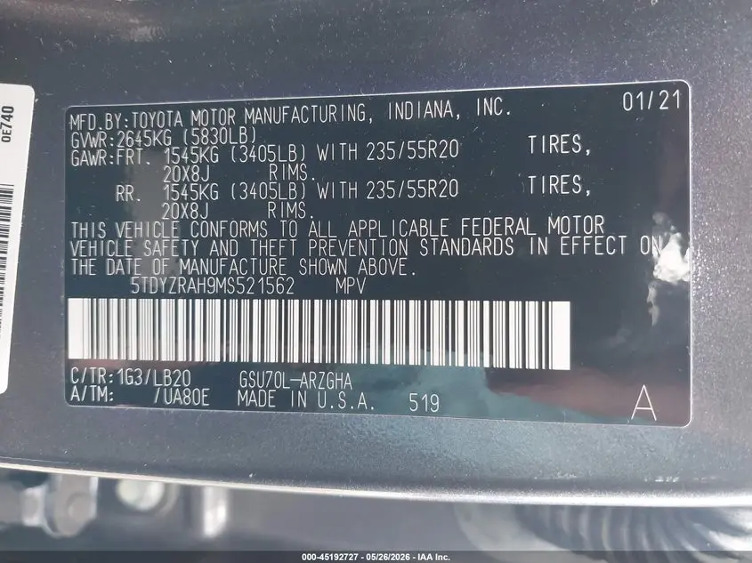 2021 TOYOTA HIGHLANDER LIMITED